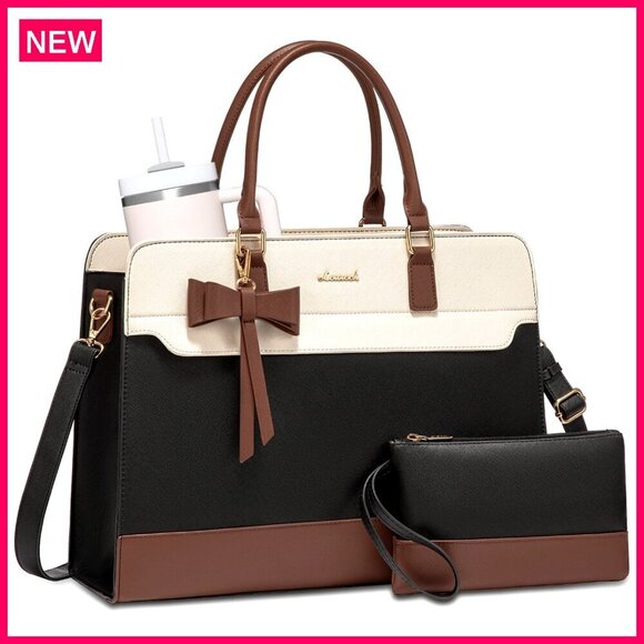 Handbags - Leather Laptop Tote Bag for Women, Waterproof Work Briefcase, 15.6 Inch
